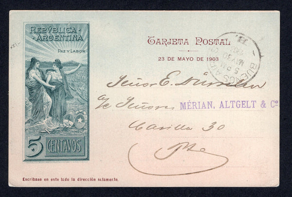 ARGENTINA - 1903 - POSTAL STATIONERY: 5c grey green & brown 'Chilean Peace Commission' postal stationery viewcard (H&G 28) with view of 'Nacientes del Rio Hielo - Chubut' on reverse used with BUENOS AIRES cds dated MAY 30 1903. Addressed locally within BUENOS AIRES with arrival cds on reverse.  (ARG/39897)