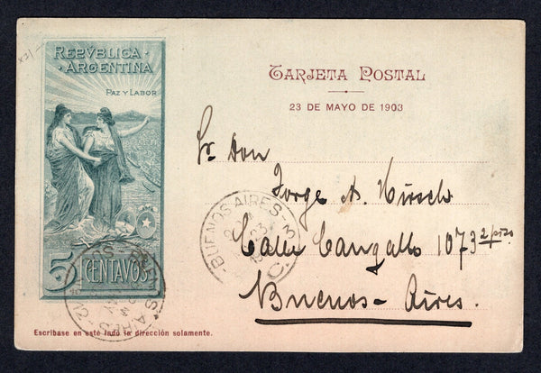 ARGENTINA - 1903 - POSTAL STATIONERY: 5c grey green & brown 'Chilean Peace Commission' postal stationery viewcard (H&G 28) with view of 'Rio Tamango - Chubut' on reverse used with BUENOS AIRES cds dated MAY 23 1903. Addressed locally within BUENOS AIRES.  (ARG/39898)