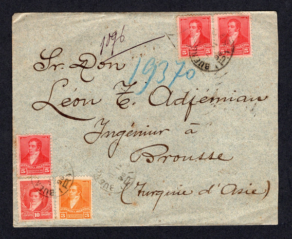 ARGENTINA - 1896 - DESTINATION: Registered cover franked with 1892 3c orange, 3 x 5c rose carmine and 10c carmine red (SG 180, 181 & 182) tied by BUENOS AIRES (R) cancels dated JUL 11 1896 with printed registration label on reverse. Addressed to BROUSSE, TURQUIE D'ASIA with transit and arrival marks on reverse.  (ARG/40037)