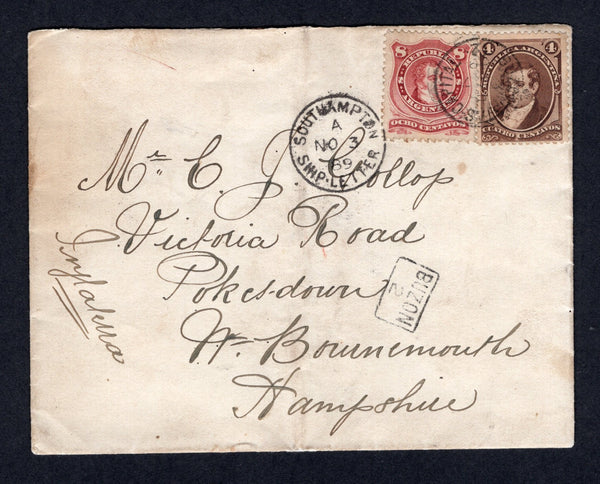 ARGENTINA - 1889 - MARITIME: Cover franked with 1873 4c brown and 1877 8c lake (SG 32 & 40) tied by BUZONISTAS CAPITAL (Buenos Aires) cds dated OCT 7 1889 with small boxed 'BUZON' marking alongside. Addressed to UK with fine strike of SOUTHAMPTON SHIP LETTER cds on front and various other transit and arrival marks on reverse. Original seven page letter in English enclosed.  (ARG/40107)