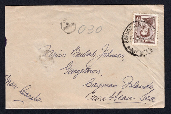 ARGENTINA - 1950 - DESTINATION: Cover franked with 1945 10c maroon (SG 753) tied by BUENOS AIRES cds with two strikes of small 'T' in circle and manuscript '0.30' tax markings alongside. Addressed to GEORGETOWN, CAYMAN ISLANDS with original letter enclosed. An unusual destination.  (ARG/40113)