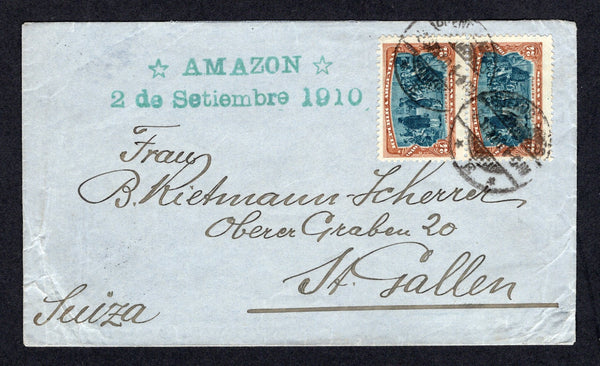 ARGENTINA - 1910 - MARITIME: Cover franked with pair 1910 24c steel blue & brown 'Centenary' issue (SG 375) tied by BUENOS AIRES cds's dated 8 SEP 1910 with superb strike of two line '* AMAZON * 2 de Setiembre 1910' ship marking in green on front. Addressed to SWITZERLAND with arrival cds on reverse. A very scarce marking.  (ARG/40148)