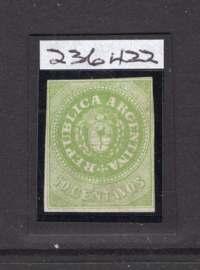 ARGENTINA - 1862 - CLASSIC ISSUES: 10c yellow green 'Escudito' issue, a fine looking unused copy without gum and four tight margins. 2023 RPSL certificate accompanies. (SG 8)  (ARG/40160)