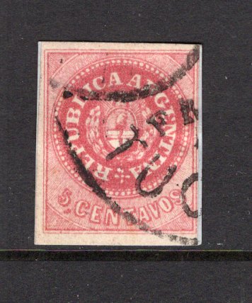 ARGENTINA - 1863 - CLASSIC ISSUES: 5c rose carmine 'Escudito' issue without Accent over U of Republica, a fine just four margin copy, tight at right used with part strike of TUCUMAN 'Shield' cancel in black. (SG 10a)  (ARG/40364)