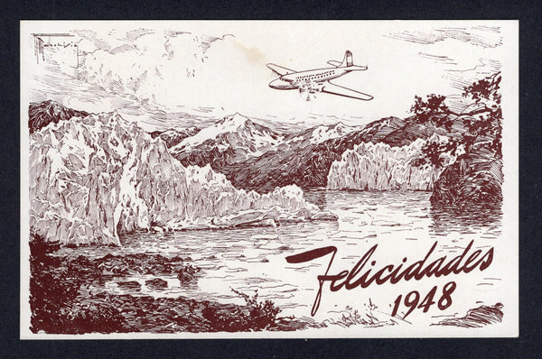 ARGENTINA - 1948 - AIRMAIL & PUBLICITY POSTCARD: Brown printed SOCIEDAD MIXTA AEROPOSTA ARGENTINA 'Felicidades' Christmas & New Year greetings postcard showing a plane over a lake & glacier inscribed 'Vista del Lago Argentino (Glaciar Moreno)' on message side. Unused. Uncommon.  (ARG/40402)