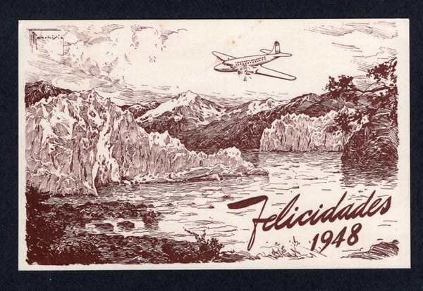 ARGENTINA - 1948 - AIRMAIL & PUBLICITY POSTCARD: Brown printed SOCIEDAD MIXTA AEROPOSTA ARGENTINA 'Felicidades' Christmas & New Year greetings postcard showing a plane over a lake & glacier inscribed 'Vista del Lago Argentino (Glaciar Moreno)' on message side. Unused. Uncommon.  (ARG/40403)