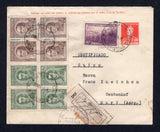 ARGENTINA - 1938 - POSTAL STATIONERY, CANCELLATION & REGISTRATION: 5c red & blue 'San Martin' postal stationery airmail envelope (H&G FB1) used with added 1935 2c brown block of four, 3c green block of four and 1936 40c purple & mauve (SG 646, 647 & 658) tied by multiple strikes of ASTRA - CH (Chubut) cds dated 28 SEP 1938 with plain registration label tied by ASTRA cds alongside. Addressed to SWITZERLAND with arrival cds on reverse. A scarcer origination.  (ARG/40430)