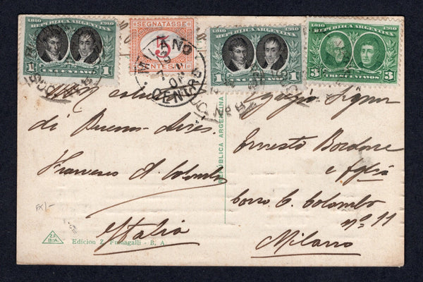 ARGENTINA - 1910 - POSTAGE DUE: Colour PPC 'Avenida de Mayo Buenos Aires' franked on message side with 1910 2 x 1c black & blue green and 3c bright green (SG 367 & 369) tied by BUENOS AIRES cds's dated JUN 1910. Addressed to ITALY and taxed on arrival with added Italian 1870 5c magenta & orange 'Postage Due' issue (SG D24) tied on arrival by MILANO CENTRO cds.  (ARG/40440)