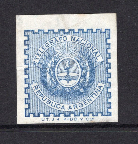 ARGENTINA - 1900 - TELEGRAPH SEAL: Circa 1900. Light blue square Telegraph Seal, finely printed & imperf inscribed 'TELEGRAFO NACIONAL' with 'LIT J. H. KIDD Y CIA' imprint in lower margin. Unused. Thinned on reverse but scarce.  (ARG/40705)