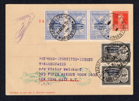 ARGENTINA - 1930 - ZEPPELIN: 5c red on buff 'San Martin' postal stationery card (H&G 46) used with added 1930 strip of three 20c ultramarine and pair 50c grey black 'Zeppelin' overprint issue (SG 582 & 583 with overprint in blue) tied by AEREOPOSTAL B.A. cds's dated 21 MAY 1930. Flown on LZ 127 on the First 'Sudamerikafahrt' with triangular 'Primer Vuelo Sudamericano Zeppelin' cachet in purple on front. Addressed to USA with illustrated LAKEHURST 'Zeppelin' arrival cds in green dated MAY 31 1930 on front. 