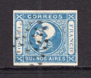 ARGENTINA - BUENOS AIRES - 1859 - CLASSIC ISSUES: 1p blue 'Liberty' issue, fine impression, a fine lightly used copy four margins. (SG P31)  (ARG/41222)