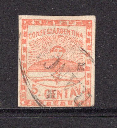 ARGENTINA - 1858 - CLASSIC ISSUES: 5c red 'Confederation' issue, a fine genuine used copy with good part strike of large oval FRANCA cancel of PARANA. Three large margins tight at base, just touching at lower right corner. (SG 1)  (ARG/41223)