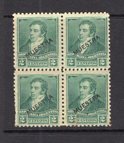 ARGENTINA - 1892 - SPECIMEN & MULTIPLE: 2c blue green 'Rivadavia' issue, perf 11½, a block of four each stamp with 'MUESTRA' (Specimen) overprint. Couple of short perfs at lower left. (SG 144a)  (ARG/41229)