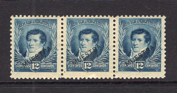 ARGENTINA - 1892 - SPECIMEN & MULTIPLE: 12c deep blue 'Belgrano' issue, perf 11½, a strip of three each stamp with 'MUESTRA' (Specimen) overprint. (SG 148)  (ARG/41231)