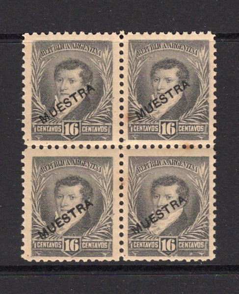 ARGENTINA - 1892 - SPECIMEN & MULTIPLE: 16c slate 'Belgrano' issue, perf 11½, a block of four each stamp with 'MUESTRA' (Specimen) overprint. Couple of light tone spots. (SG 149)  (ARG/41232)