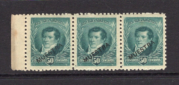 ARGENTINA - 1892 - SPECIMEN & MULTIPLE: 50c deep green 'Belgrano' issue, perf 11½, a strip of three each stamp with 'MUESTRA' (Specimen) overprint. (SG 151)  (ARG/41233)