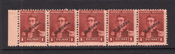 ARGENTINA - 1892 - SPECIMEN & MULTIPLE: 1p lake 'San Martin' issue, perf 11½, a strip of five each stamp with 'MUESTRA' (Specimen) overprint. (SG 152a)  (ARG/41234)