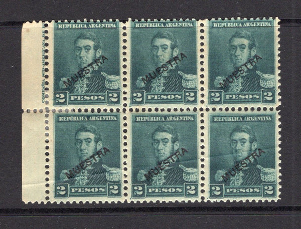 ARGENTINA - 1892 - SPECIMEN & MULTIPLE: 2p deep green 'San Martin' issue, perf 11½, a fine block of six each stamp with 'MUESTRA' (Specimen) overprint. The block has a diagonal crease across the bottom three stamps. (SG 153)  (ARG/41235)
