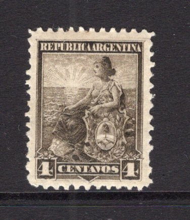 ARGENTINA - 1899 - COLOUR TRIAL: 4c grey brown 'Liberty Shield' issue COLOUR TRIAL on 'Sun' watermark paper, perf 11½, fine mint with gum. (See Kneitschel 1958, Page 697)  (ARG/41245)