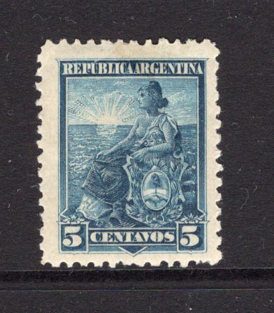 ARGENTINA - 1899 - COLOUR TRIAL: 5c bright blue 'Liberty Shield' issue COLOUR TRIAL on 'Sun' watermark paper, perf 11½, fine mint with gum. (See Kneitschel 1958, Page 697)  (ARG/41248)