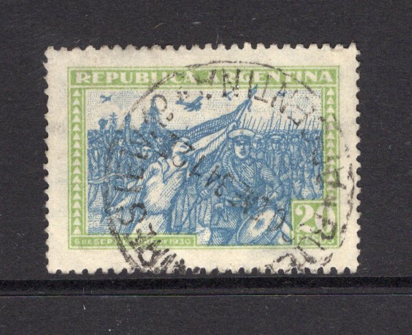 ARGENTINA - 1930 - REVOLUTION ISSUE: 20p blue & yellow green 'Revolution of the 6th of September' issue a fine cds used copy. (SG 609)  (ARG/41264)