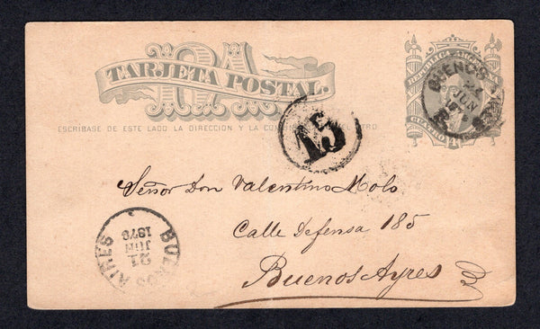ARGENTINA - 1878 - POSTAL STATIONERY: 4c grey postal stationery card (H&G 1) used with BUENOS AIRES cds dated 21 JUN 1878. Addressed locally within BUENOS AIRES with arrival marks on front. Card has a central vertical crease but a very early use within the first few months of issue.  (ARG/41377)
