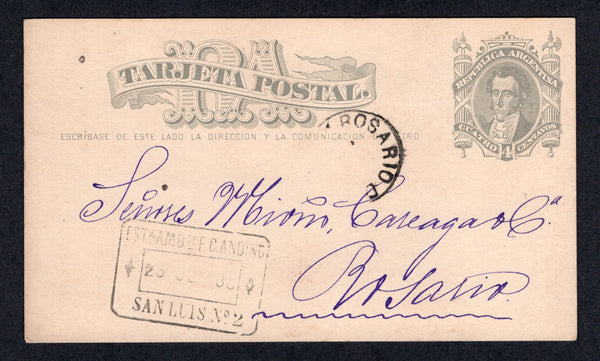 ARGENTINA - 1888 - TRAVELLING POST OFFICES: 4c grey postal stationery card (H&G 1) datelined 'Va Mercedes, Stbe 23/88' on reverse used with fine strike of boxed ESTA AMBTE F.C.ANDINO SAN LUIS No.2 travelling post office cancel dated 23 SEP 1888. Addressed to ROSARIO with arrival cds on front.  (ARG/41499)