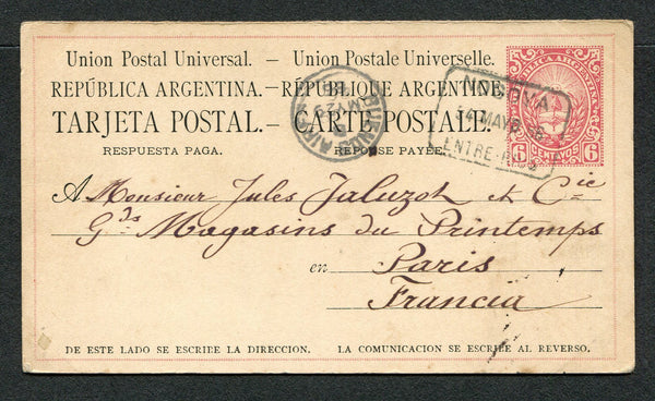 ARGENTINA - 1886 - CANCELLATION: 6c rose postal stationery card (H&G 3) used with fine strike of boxed NOGOYA ENTRE RIOS cancel in black. Addressed to FRANCE with BUENOS AIRES transit cds on front.  (ARG/7801)