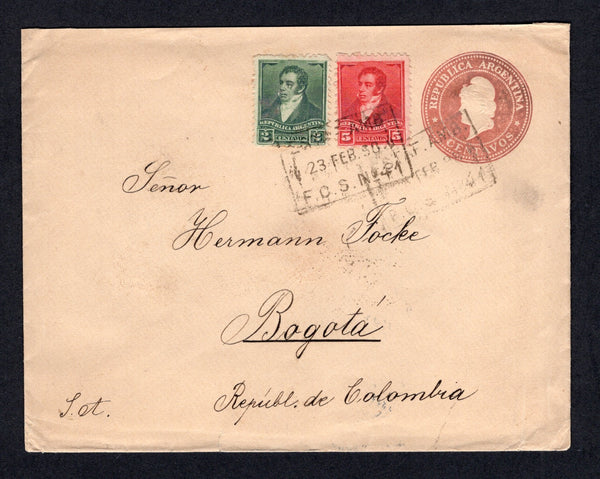 ARGENTINA - 1898 - TRAVELLING POST OFFICES: 5c rose postal stationery envelope (H&G B13a) sent from BAHIA BLANCA (with return address on reverse) franked with additional 1892 2c green & 5c rose carmine (SG 179 & 181) tied by two strikes of boxed ESTAF. AMB. F.C.S. No. 41 cancel. Addressed to BOGOTA, COLOMBIA with BUENOS AIRES, ST THOMAS & PANAMA transit cds's and BOGOTA arrival cds all on reverse. Lovely cover.  (ARG/7821)