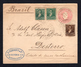 ARGENTINA - 1899 - DESTINATION: 5c rose postal stationery envelope (H&G B13a) used with added 1892 1c deep brown & 2 x 2c green (SG 178/179) tied by multiple strikes of large BUENOS AIRES EXTERIOR cds. Addressed to DESTERRO, SANTA CATHARINA, BRAZIL (Desterro is located on the Island of Santa Catharina) with arrival cds on reverse.  (ARG/7822)