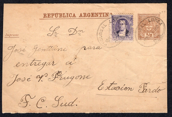 ARGENTINA - 1892 - POSTAL STATIONERY & CANCELLATION: ½c brown postal stationery wrapper (H&G E8) used with added 1888 2c violet (SG 125) tied by two strike of oval SUCURSAL LOREA B.A. Cancel. Addressed to ESTACION PARDO F.C.SUD.  (ARG/7833)