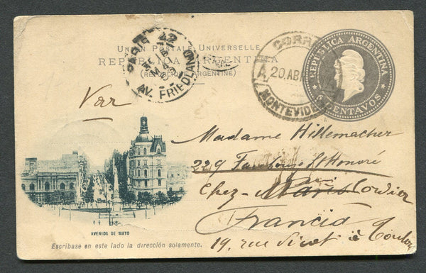 ARGENTINA - 1899 - USED IN URUGUAY: 4c grey postal stationery viewcard (H&G 16a) with view of 'Avenida de Mayo' used from PAYSANDU in URUGUAY with CORREOS Y TELEGS PAYSANDU cds on reverse. Addressed to FRANCE with MONTEVIDEO transit cds on front and various French arrival marks on front & reverse. Unusual.  (ARG/7837)