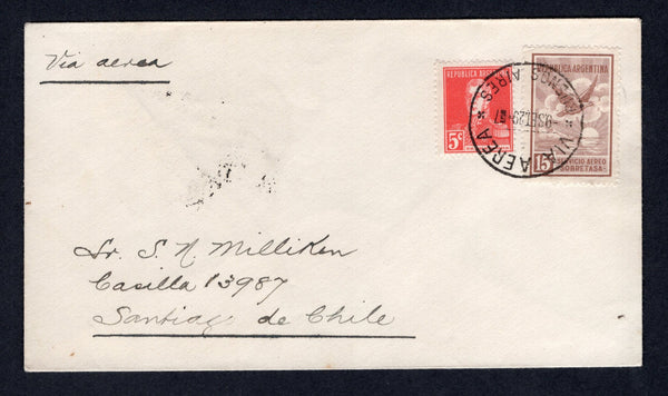 ARGENTINA - 1929 - AIRMAIL: Commercial cover franked with 1924 5c scarlet 'San Martin' issue and 1928 25c chocolate 'Air' issue (SG 534 & 560) tied by VIA AEREA BUENOS AIRES cds dated 9 SEPT 1929. Addressed to SANTIAGO, CHILE with arrival cds on reverse. A very early example of commercial mail on this route which started with the First Flight on the 3rd September 1929.  (ARG/7905)