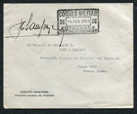 ARGENTINA - 1954 - OFFICIAL MAIL: Printed 'Ejercito Argentino Direccion General del Personal' official envelope sent stampless with large boxed 'CORREO MILITAR ENTREGADO SOBRE CERRADO' cachet in black signed by official. Addressed to BUENOS AIRES.  (ARG/7933)