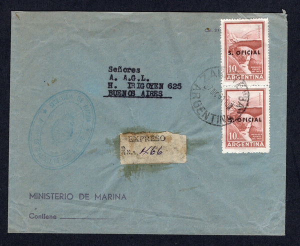 ARGENTINA - 1961 - OFFICIAL MAIL: Printed 'Ministerio de Marina' cover franked with 1959 pair 10p red brown with 'SERVICIO OFICIAL' overprint (SG O962) tied by ZARATE B.A. cds with official cachet in blue. Addressed locally within BUENOS AIRES sent by express mail with small yellow EXPRESO R No. 4666 label on front.  (ARG/7953)