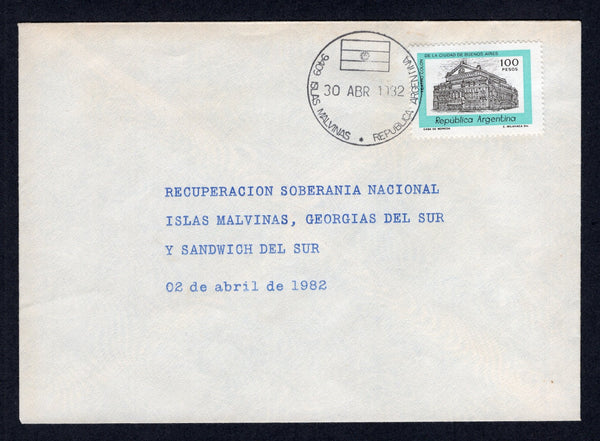 ARGENTINA - 1982 - FALKLANDS WAR: Cover franked with 1977 100p black & turquoise green (SG 1544) tied by fine strike of 9409 ISLAS MALVINAS REPUBLICA ARGENTINA 'Flag' cds dated 30 ABR 1982. The cover has typed 'Recuperacion Soberania Nacional Islas Malvinas, Georgias del Sur Y Sandwich de Sur 02 de Abril de 1982' commemorative inscription instead of address.  (ARG/9043)