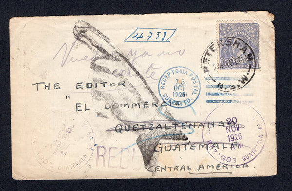AUSTRALIA  -  1926  -  DESTINATION: Cover franked with 1924 3d dull ultramarine 'GV Head' issue (SG 79) tied by PETERSHAM N.S.W. cds.  Addressed to QUETZALTENANGO, GUATEMALA unclaimed with various markings inc 'REBUT' & 'Pointing Hand' plus two REZAGOS cds's dated two months apart. Reverse bears Official 'Dead Letter Office' return to sender label. Small faults.  (AUS/105)