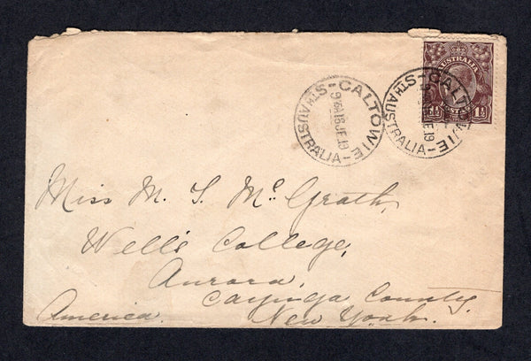 AUSTRALIA  -  1919  -  CANCELLATION: Cover franked 1918 1½d black brown 'GV Head' issue (SG 58) tied by fine CALTOWIE STH AUSTRALIA cds with second strike alongside. Addressed to USA.  (AUS/116)