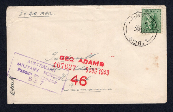 AUSTRALIA  -  1943  -  MILITARY & NORTHERN TERRITORY: WWII airmail cover franked with 1937 4d green 'Koala' issue (SG 188)  tied by ARMY P.O. 0126 cds located at MATARANKA, NORTHERN TERRITORY. Addressed to HOBART, TASMANIA with boxed 'AUSTRALIAN MILITARY FORCES PASSED BY CENSOR 537' handstamp in purple and Censor's signature on front.  (AUS/121)