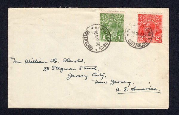 AUSTRALIA  -  1936  -  CANCELLATION: Cover franked with 1931 1d green & 2d scarlet 'GV Head' issue (SG 125 & 127) both tied by individual strikes of KAIMKILLENBUN QUEENSLAND cds.  Addressed to USA.  (AUS/123)