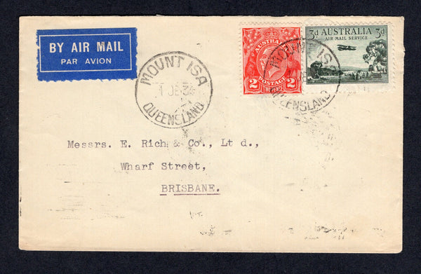 AUSTRALIA  -  1934  -  CANCELLATION & AIRMAIL: Airmail cover franked 1931 2d scarlet 'GV Head' issue & 1929 3d green AIR issue (SG 127 & 115) tied by fine MOUNT ISA cds's to BRISBANE with arrival cds on reverse.  (AUS/127)