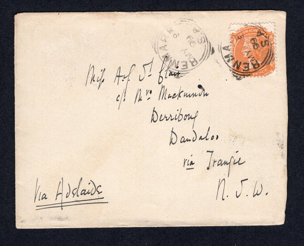 AUSTRALIAN STATES - SOUTH AUSTRALIA  -  1899  -  CANCELLATION: Cover franked 1895 2d orange (SG 177) tied by fine RENMARK cds with second strike alongside.  Addressed to 'Derribouf, Dandaloo, via Tranfu NSW' with SYDNEY & ADELAIDE transit & DANDALOO arrival cds's on reverse. (Renmark type 1 squared circle is rated 'XX - Quite Rare' in Overton catalogue.)  (AUS/131)