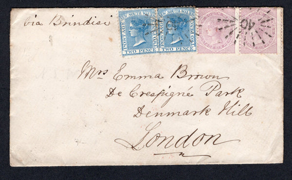 AUSTRALIAN STATES - NEW SOUTH WALES  -  1880  -  CANCELLATION: Cover franked 1871 2d pale blue pair & 6d lilac pair (SG 210 & 217) tied by fine strikes of Numeral '40' starburst cancel in black with BOMBALA cds on reverse.  Addressed to UK endorsed 'Via Brindisi' with light SYDNEY transit & LONDON arrival cds on reverse. Fine.  (AUS/132)