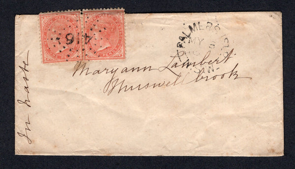 AUSTRALIAN STATES - NEW SOUTH WALES  -  1872  -  CANCELLATION: Cover franked with pair 1871 1d dull red (SG 207) tied by Numeral '416' starburst cancel in black with PALMER'S ISLAND cds alongside.  Addressed to 'Mary Ann Lambert, Muswell Brook' with SYDNEY transit & MUSWELLBROOK arrival cds on reverse. Scarce origination.  (AUS/135)