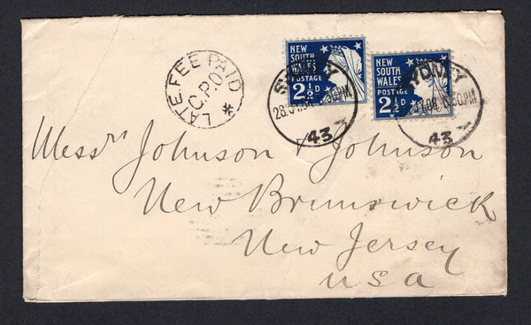 AUSTRALIAN STATES - NEW SOUTH WALES  -  1908  -  INSTRUCTIONAL MARKING: Cover franked with 1905 2 x 2½d prussian blue (SG 337) tied by SYDNEY 43 cds (Branch PO) with superb strike of circular LATE FEE PAID G.P.O. marking alongside (2½d for the postage fee and 2½d for the late fee - to catch the evening sailing).  Addressed to USA with arrival cds on reverse. Cover has some repaired tears but scarce marking.  (AUS/148)