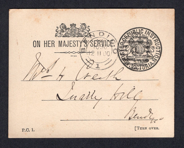 AUSTRALIAN STATES - VICTORIA  -  1900  -  OFFICIAL MAIL & POSTAL STATIONERY: Headed 'Minister of Public Instruction' Official FRANK STAMP postcard (H&G KF24 - 22) used with fine BENDIGO '4' duplex Numeral cancel. Addressed locally, reverse has meeting request for the District School Board. Uncommon.  (AUS/174)