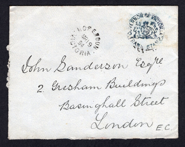 AUSTRALIAN STATES - VICTORIA - 1894 - OFFICIAL MAIL: Cover with fine impression of the 'GOVERNOR OF VICTORIA' official FRANK STAMP with fine HOPETOUN origination cds alongside. Addressed to the UK with BALLARAT & MELBOURNE transit marks and LONDON arrival cds on reverse. Fine.  (AUS/17728)