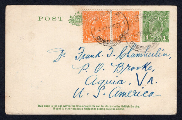 AUSTRALIA - 1932 - POSTAL STATIONERY & CANCELLATION: 1d green 'GV Head' postal stationery card (H&G 25) used with added pair 1931 ½d orange 'GV Head' issue (SG 124) tied by ROMA QUEENSLAND cds's. Addressed to USA.  (AUS/17730)