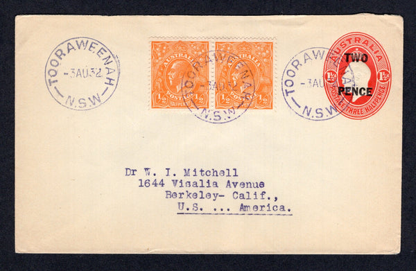 AUSTRALIA - 1932 - POSTAL STATIONERY & CANCELLATION: 'TWO PENCE' on 1½d red postal stationery envelope (H&G B21c) used with added pair 1926 ½d orange 'GV Head' issue (SG 94) tied by three fine strikes of TOORAWEENAH N.S.W. cds. Addressed to USA. Very fine.  (AUS/17733)