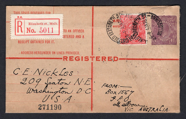 AUSTRALIA - 1928 - POSTAL STATIONERY & REGISTRATION: 4½d violet on buff GV postal stationery registered envelope (H&G C25) used with added 1926 1½d scarlet GV Head issue (SG 96) tied by REGISTERED ELIZABETH ST MELBOURNE cds's with printed red & white 'Elizabeth st., Melb.' registration label alongside. Addressed to USA with transit & arrival marks on reverse.  (AUS/17734)
